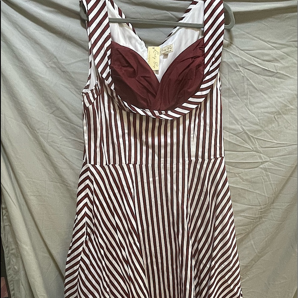 Lindy Bop Burgundy (Maroon?) and cream striped midi dress six US 4X